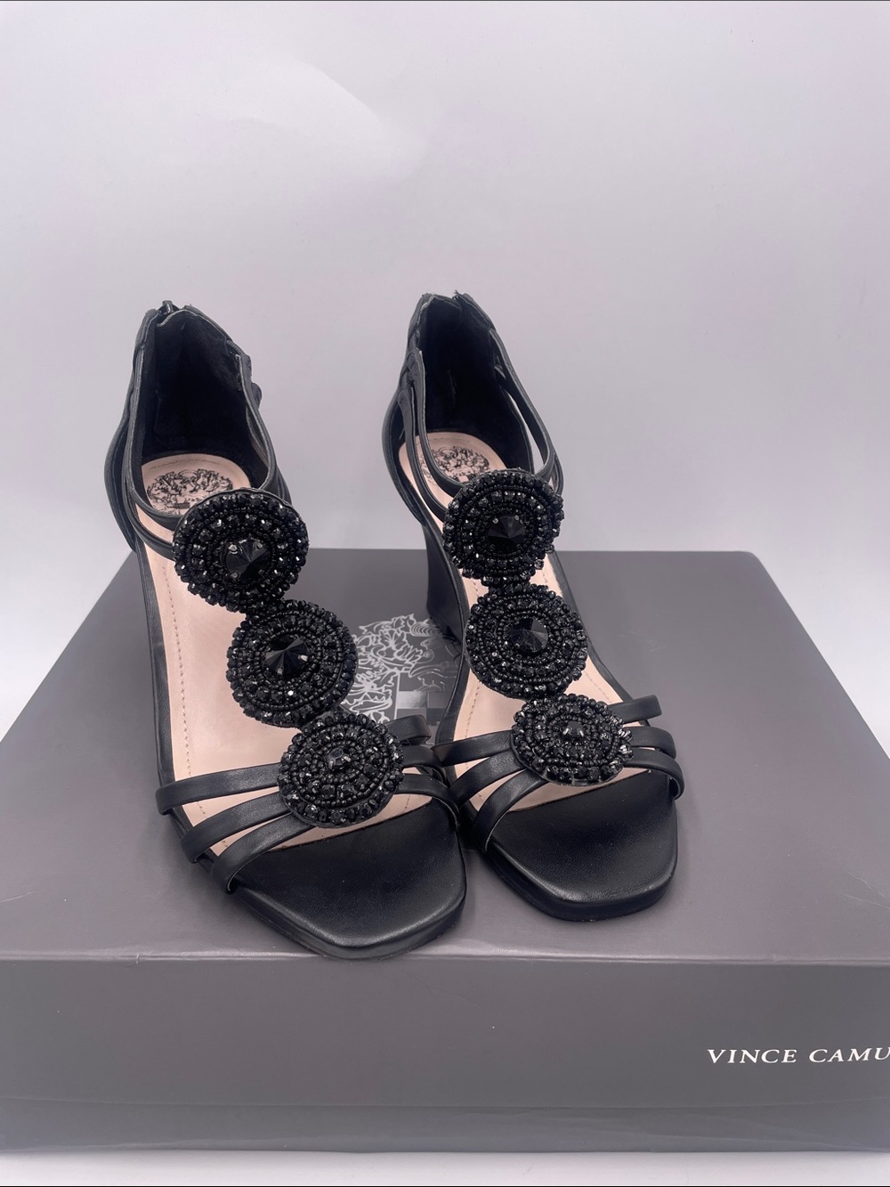 Vince Camuto Black Beaded T-Strap Wedge Sandals